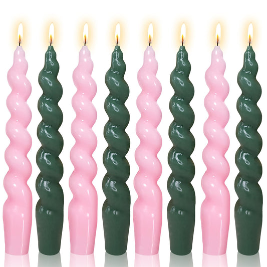 Gedengni 8pcs Pink Candlesticks Short Taper Candles - 7 inches Funky Candle Sticks Green Spiral Tapered Candles Twisted Candles for Home Décor Dinner Weddings Women Gifts