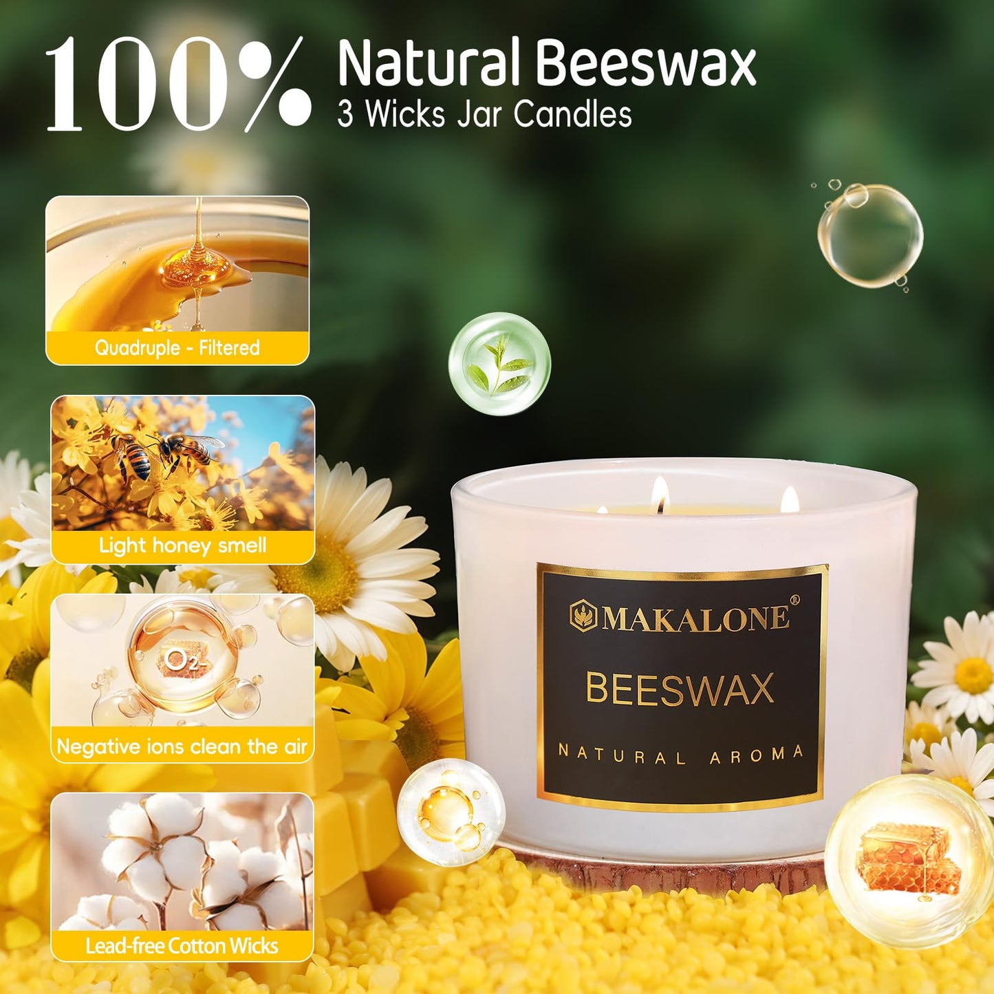 3 Wick Beeswax Jar Candle-42 H Long-Lasting Burn,Natural Air Purifying Candle,Non-Toxic,Smokeless,Natural Honey Aroma Handmade Beeswax White Jar Candles for Home,Yoga,Meditation,Sleep Aid,Ritual