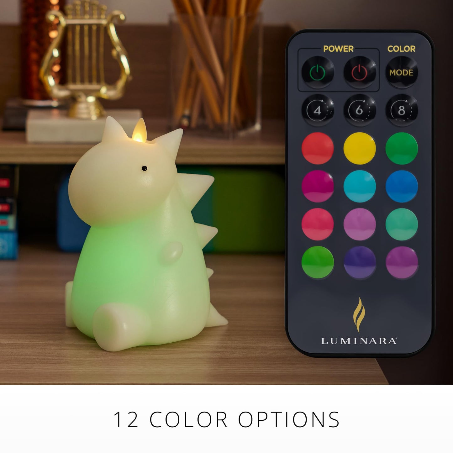 Luminara Flameless Dinosaur Figural Color Changing LED Candle, 5.7" x 6.7", Real Wax Moving Flame Battery Operated w/ 18 Button Remote, Unscented Safe