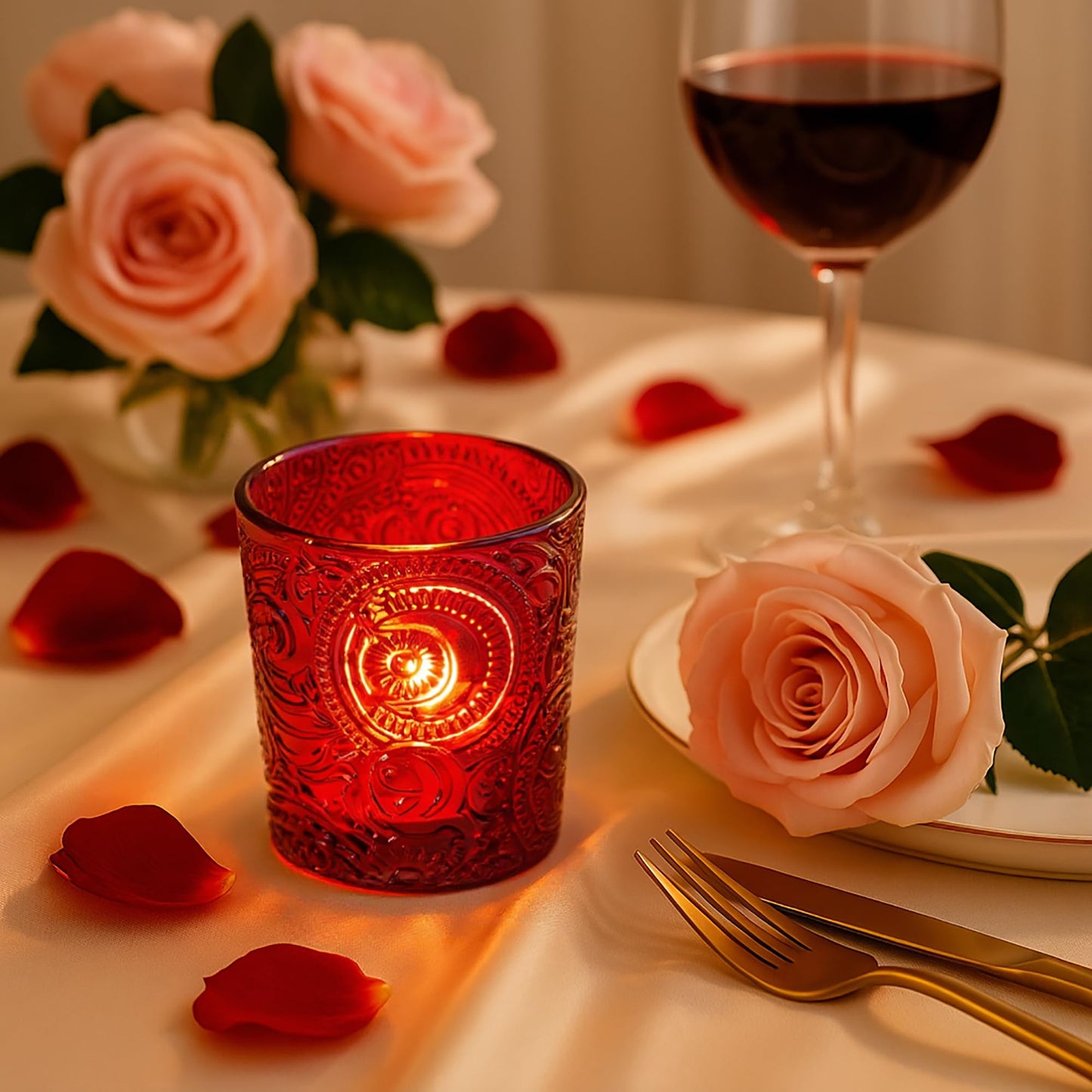 6 Pack Sun Moon Star Embossed Glass Tea Light Candle Holders - Votive Candle Holders for Wedding, Party, Home Decor, and Table Centerpieces (Ruby Red)