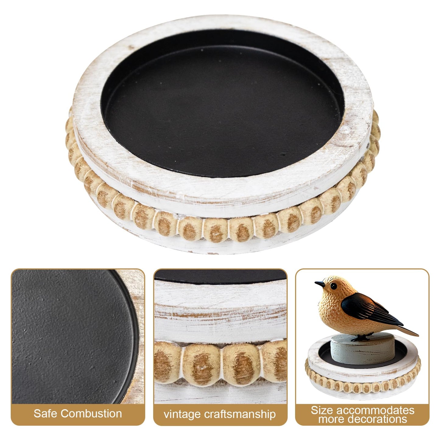 Candle Pedestal for Pillar Candle Set of 2, Rustic Round Beaded Risers Wood Tray, Farmhouse Wood Beaded Trayfor Tiered Tray, Candle, Mug Display Decorative, Table Centerpiece, Antique White