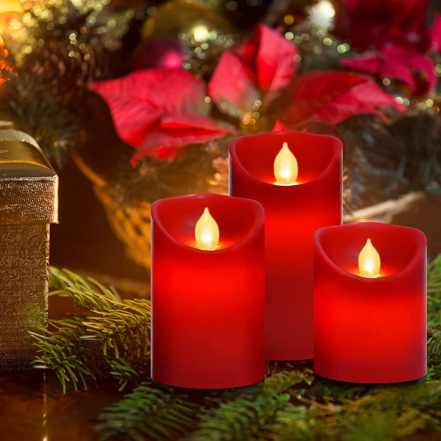 Paichi Flameless Battery Operated LED Candles, Remote Control Electric Realistic Candles Flickering Real Wax 4/5/6 Inch 3PACK with 2/4/6/8 Hour Timer for Home Decor Holidays Party (Red)