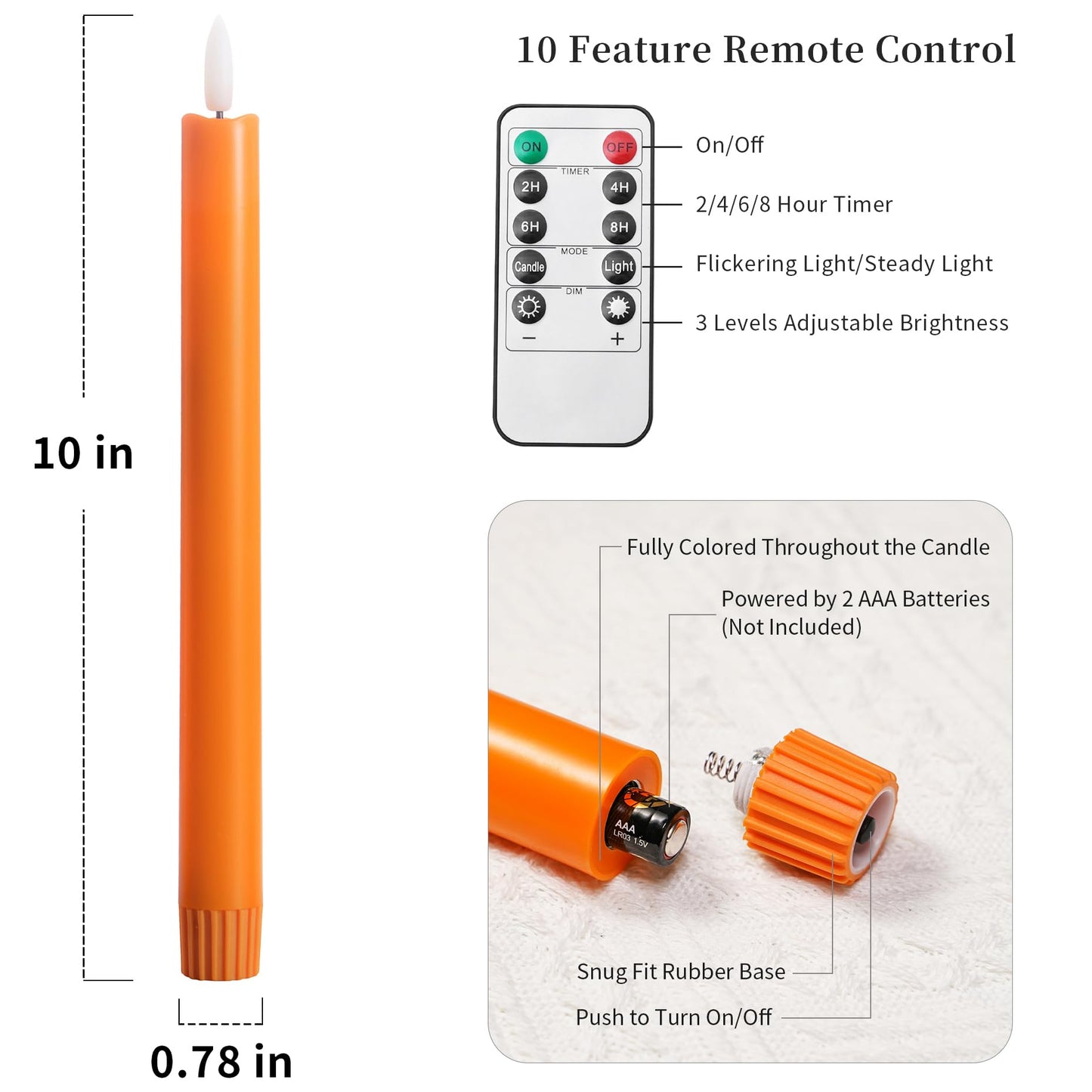 Stmarry Flameless Orange Taper Candles with Remote - 10 Inch LED Candlesticks Flickering, Realistic 3D Flame with Wick, Warm White Light, Thanksgiving Fall Autumn Decor for Home, Timer - Set of 6