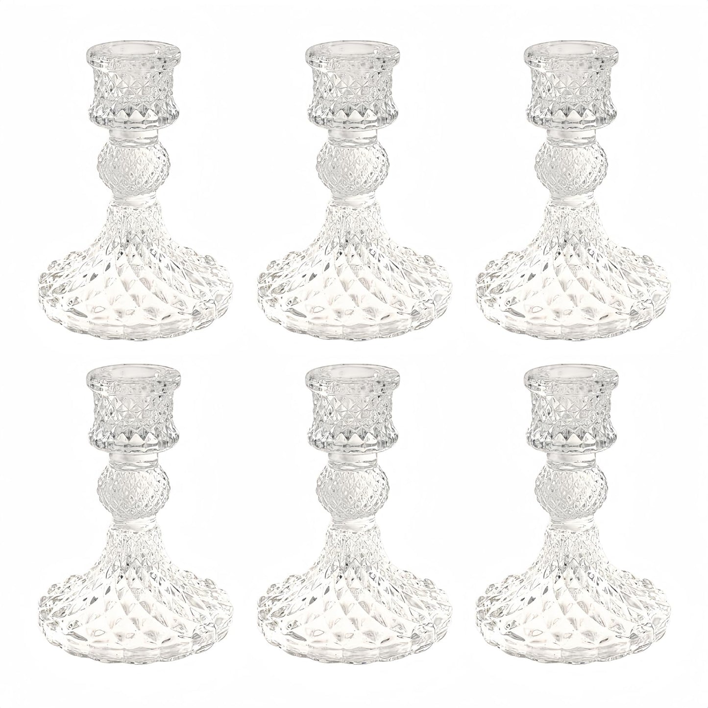 ECHFSM Glass Candlestick Holder,Striped Taper Candle Holders,Set of 6 Candle Stand for Table Centerpieces, Home Decor,Weddings,Festival and Parties (Clear Dimond Pattern)