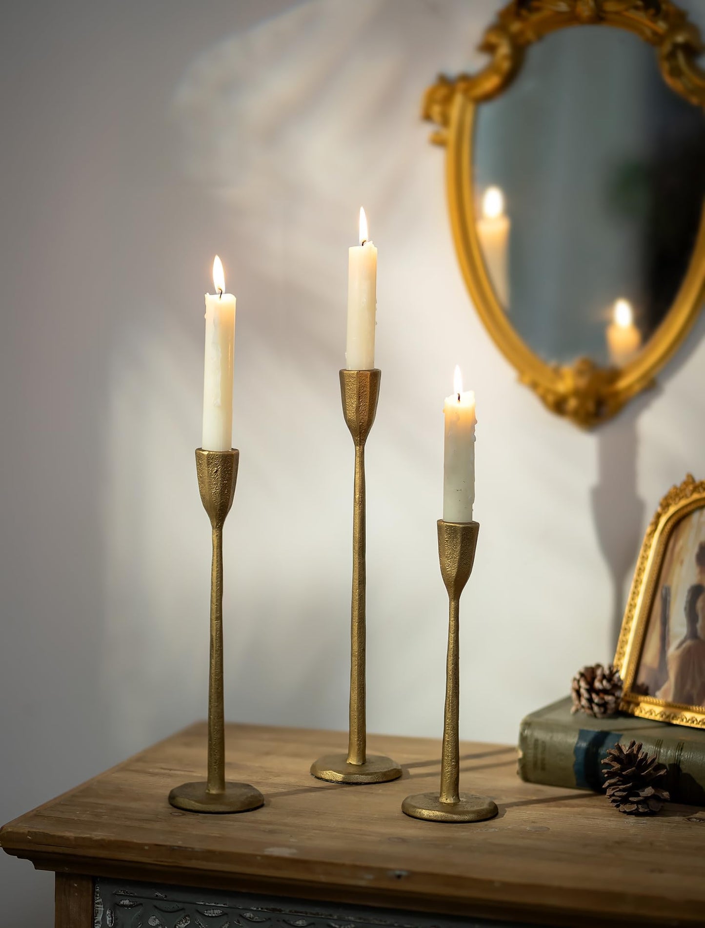 Romadedi Gold Candlestick Candle Holder - Cast Iron Taper Candle Stick Holders Brass Antique Decor Tapered for Wedding Dining Table Christmas Mantel Home Decoration Set of 3