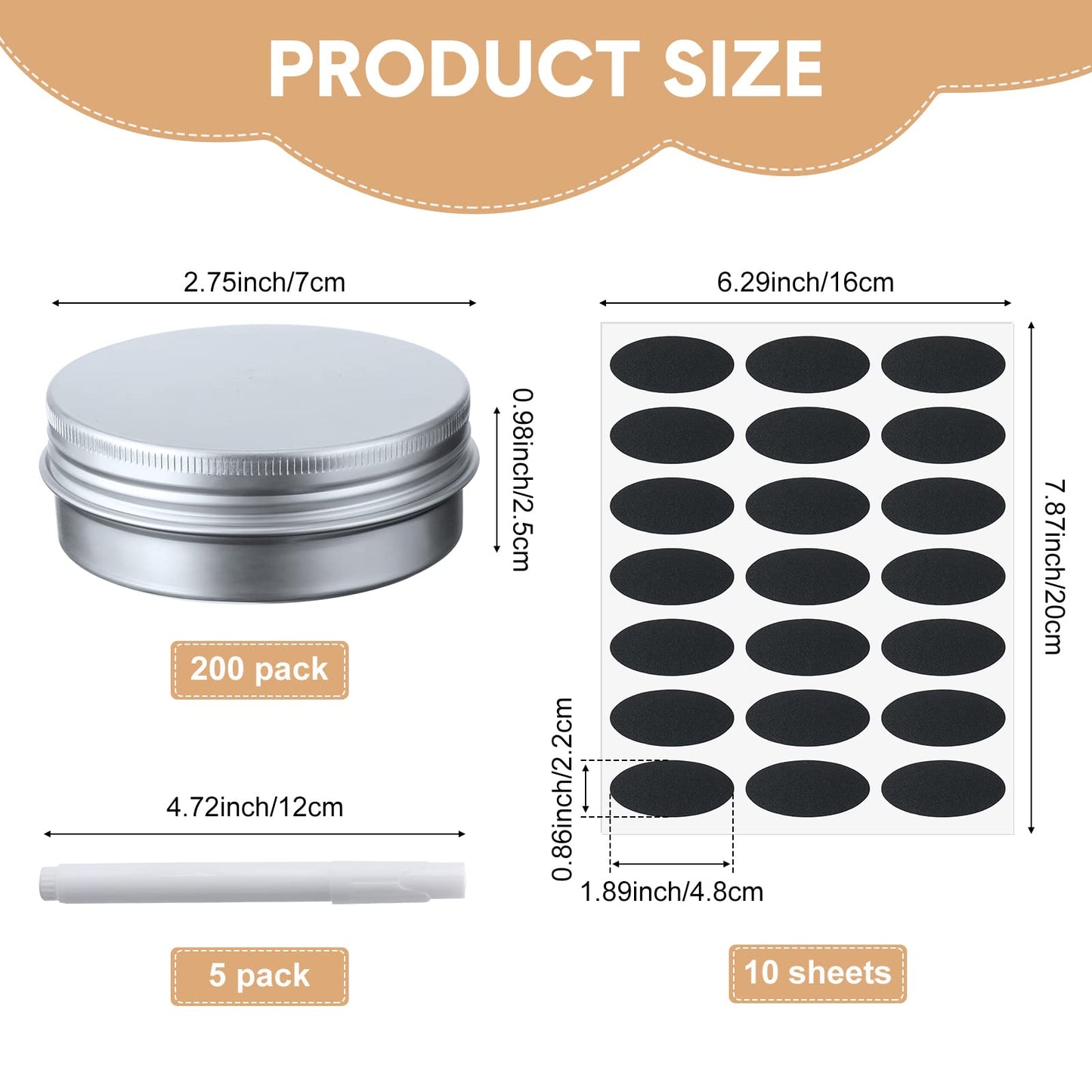 Zubebe 200 Pack Metal Tins with Lids Bulk Screw Top Aluminum Tin Containers Round Tin Cans for Cosmetic Lip Balm DIY Salves Candles Wax with 5 Markers 10 Sheets Label Stickers (Silver,2 oz)