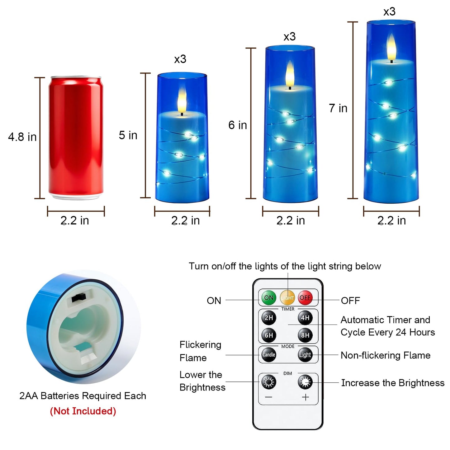 Raycare Independence Day Flameless Candle with Remote Timer – 9 Flickering Acrylic Battery Operated LED Pillar Candles with Embedded Star String for 4th of July Home Patriotic Decor, as a Gift (Blue)