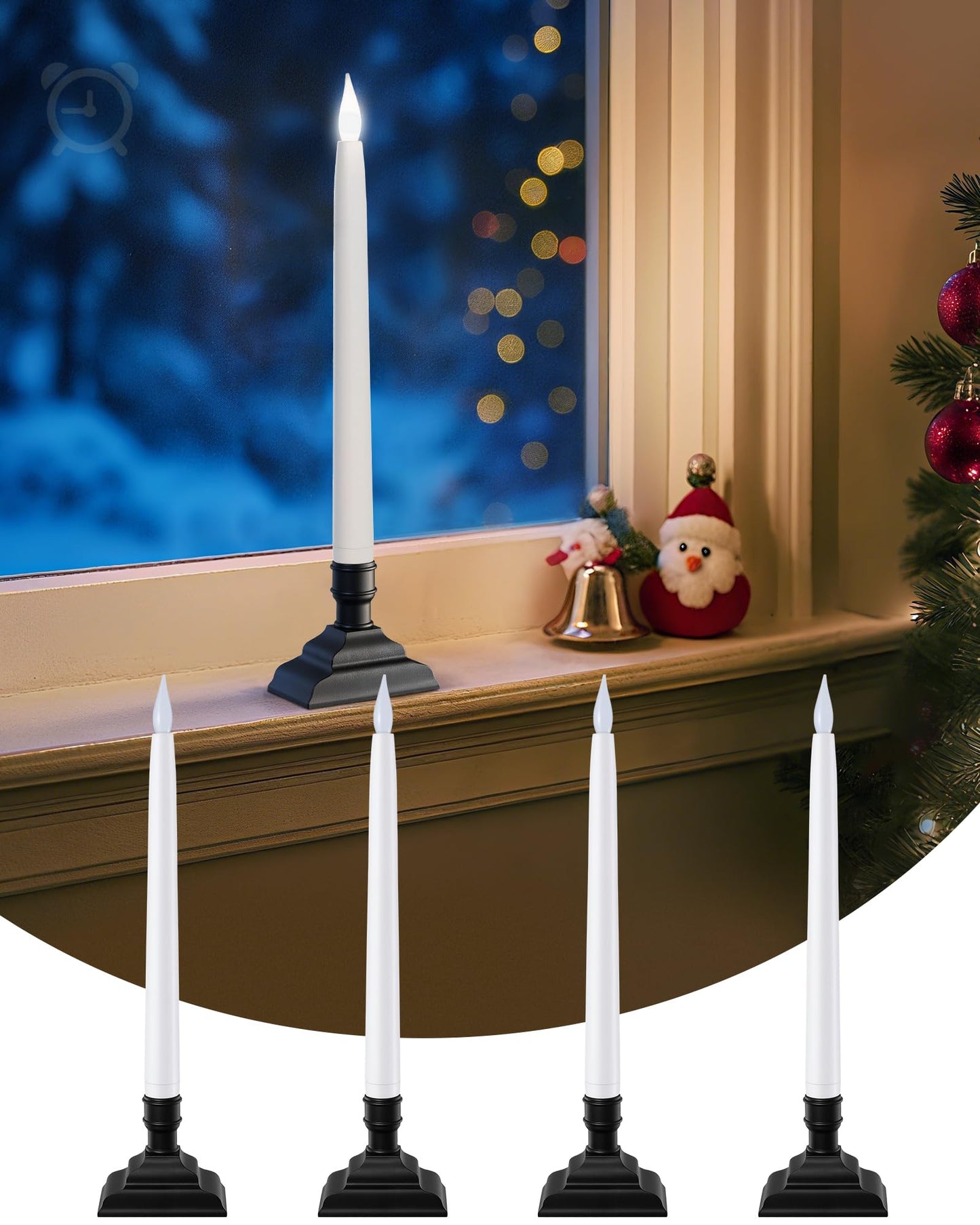 SURAIELEC Christmas Battery Operated Window Candle wiith 6H Timer, 10.5'' Taper Window Candle, Clear Flameless LED Candles, 1.7‘’ Narrow Base, Matte Black, 4-Pack (Rechargeable Battery Not Compatible)