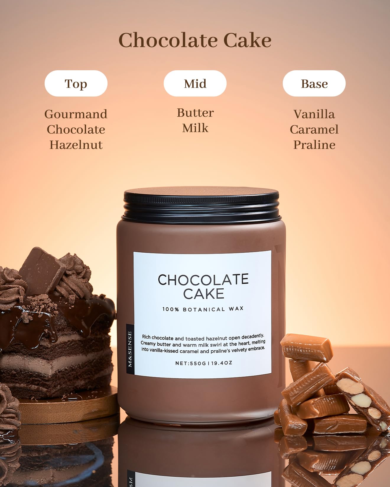 M&SENSE Chocolate Layer Cake Scent Candles, Large Natural Soy Wax 110 Hours Burn Time Clean Non Toxic Scented Classic 2 Wicks Candle 19.4oz for Home Office