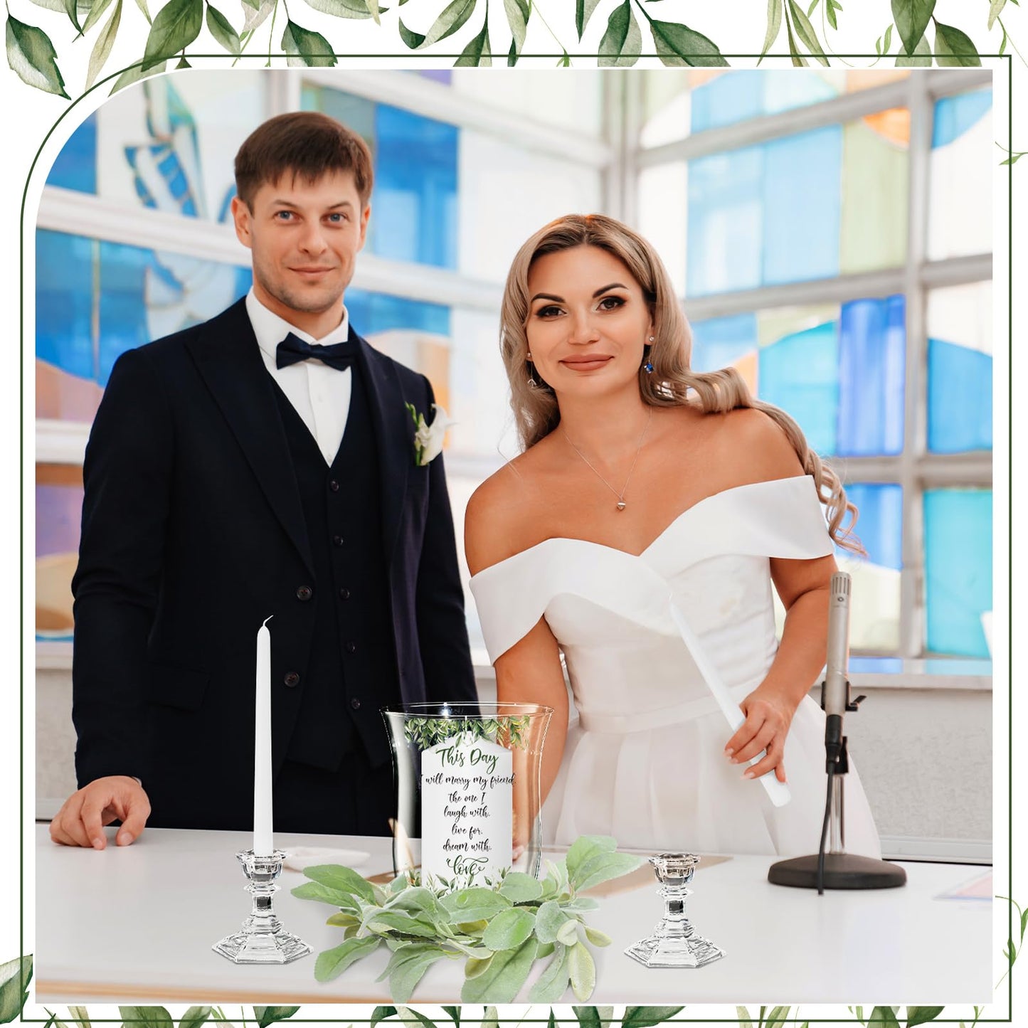 Irenare Unity Candles with Holder for Wedding Ceremony Wedding Decortions Accessories Glass Candle Holder Pillar Candle for Formal Events Church(Green Leaf)