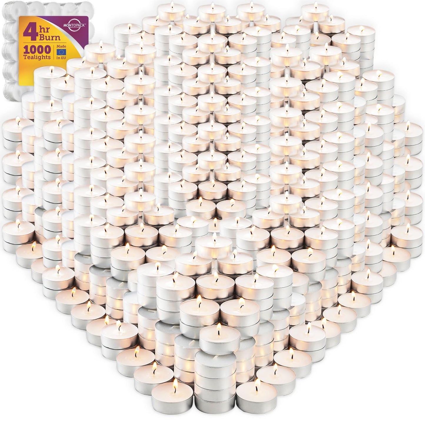 MontoPack Unscented Tea Light Candles Bulk 1000 Pack | 4 Hours, White,Smokeless,Dripless Small Votive Paraffin Tealights | Long-Lasting for Home, Shabbat, Weddings, Events, Emergencies | Mini Candles