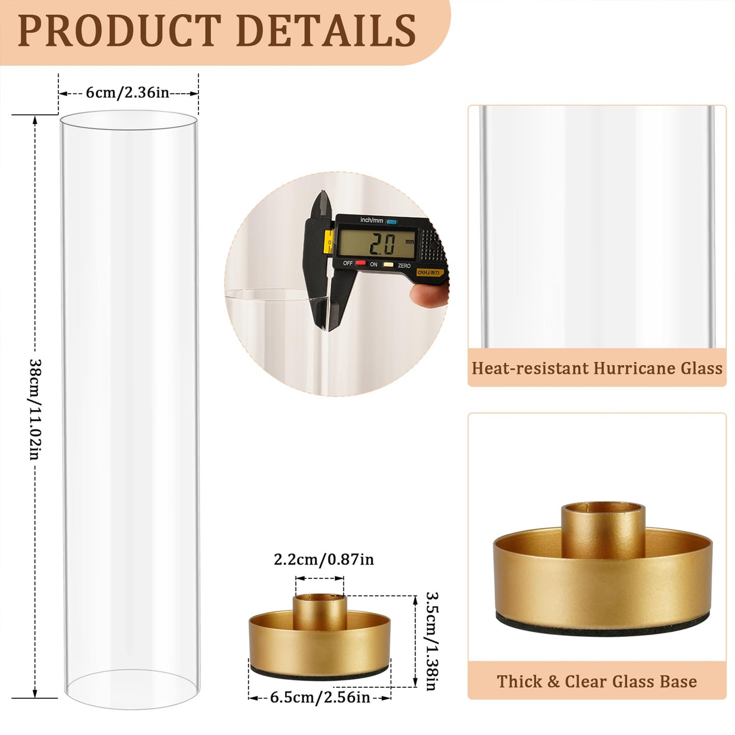 Hurricane Candle Holders Golden Taper Candle Sticks Holder, with 11" Thickened Glass Cylinder Covers Tall Candlesticks Holders Bulk Set of 4, Dining Table Centerpiece for Wedding