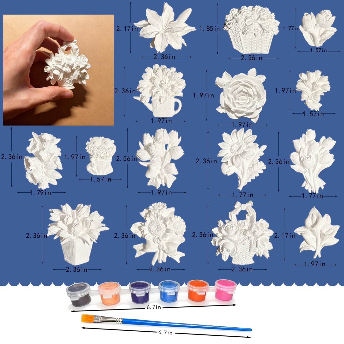 15 Pcs Plaster Painting Kit for Adults & Teens, DIY Flower Magnets to Paint with Embedded Magnets, Ceramic-Like Craft Kit with Acrylic Paints & Brushes, Fridge Magnet Decor & Car Diffuser Stone
