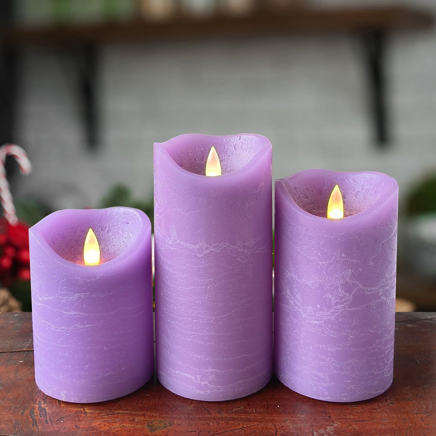 EZiKitchen Real Wax Flameless Candles Set of 3 (D 3" x H 4" 5" 6") Battery Operated LED Candle with Timer Home Decorative Pillar Flickering Lights,Wedding Party Events Decor,Purple