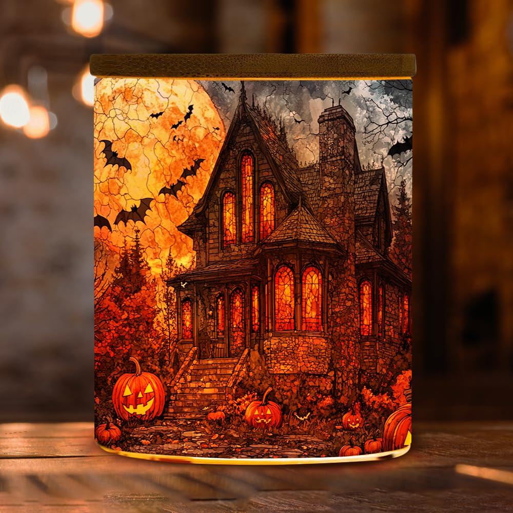 Halloween Horror House Tealight Candle Holder, Pumpkin Candle Jar Tea Light Holder, Stained Glass Halloweens Night Tealight Holders Candlesticks Gift for Halloween Christmas Thanksgiving