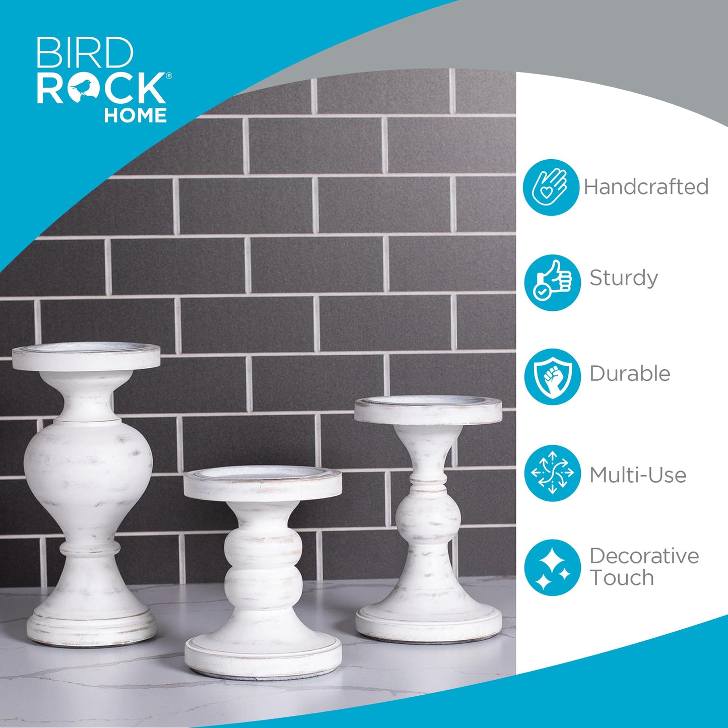 BIRDROCK HOME 3pc Pillar Candleholders - Whitewash - Farmhouse Decor - Wooden Candle Holders - Table Centerpiece - Stand