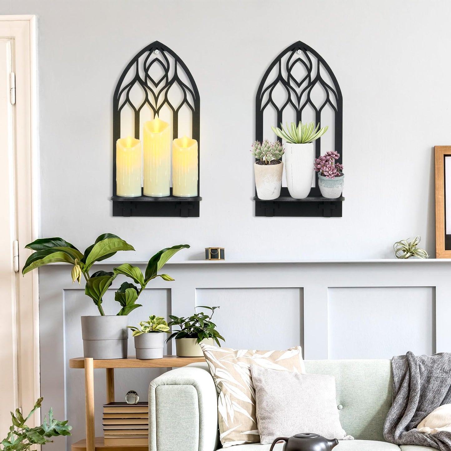 Zzbakress 2 Pcs Gothic Sconces Wall Decor Black Goth Decor Arched Church Wall Gothic Decor Art Gothic Bathroom Decor Gothic Home Decor for Living Room Kitchen Dinner Room (Upward)
