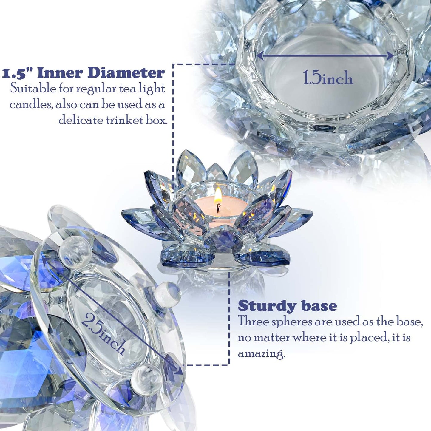 Kolnlala Crystal Lotus Flower Tealight Candle Holders/Glass Tea Light Candlestick Decor Decoration for Christmas Home Wedding Party… (Blue 2pcs)