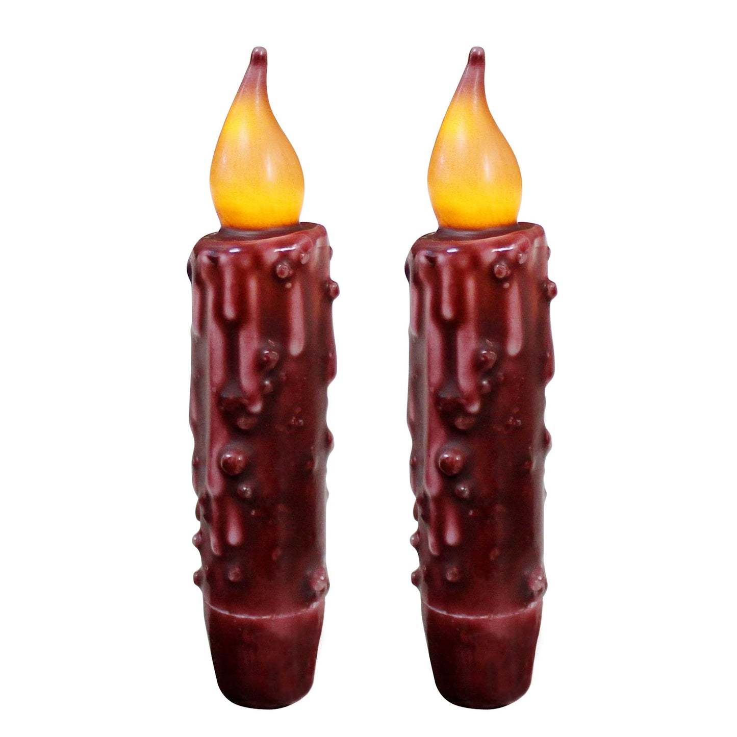 CVHOMEDECO. Real Wax Hand Dipped Battery Operated LED Timer Taper Candles Country Primitive Flameless Lights Décor, 4-3/4 Inch, Burgundy, 2 PCS in a Package