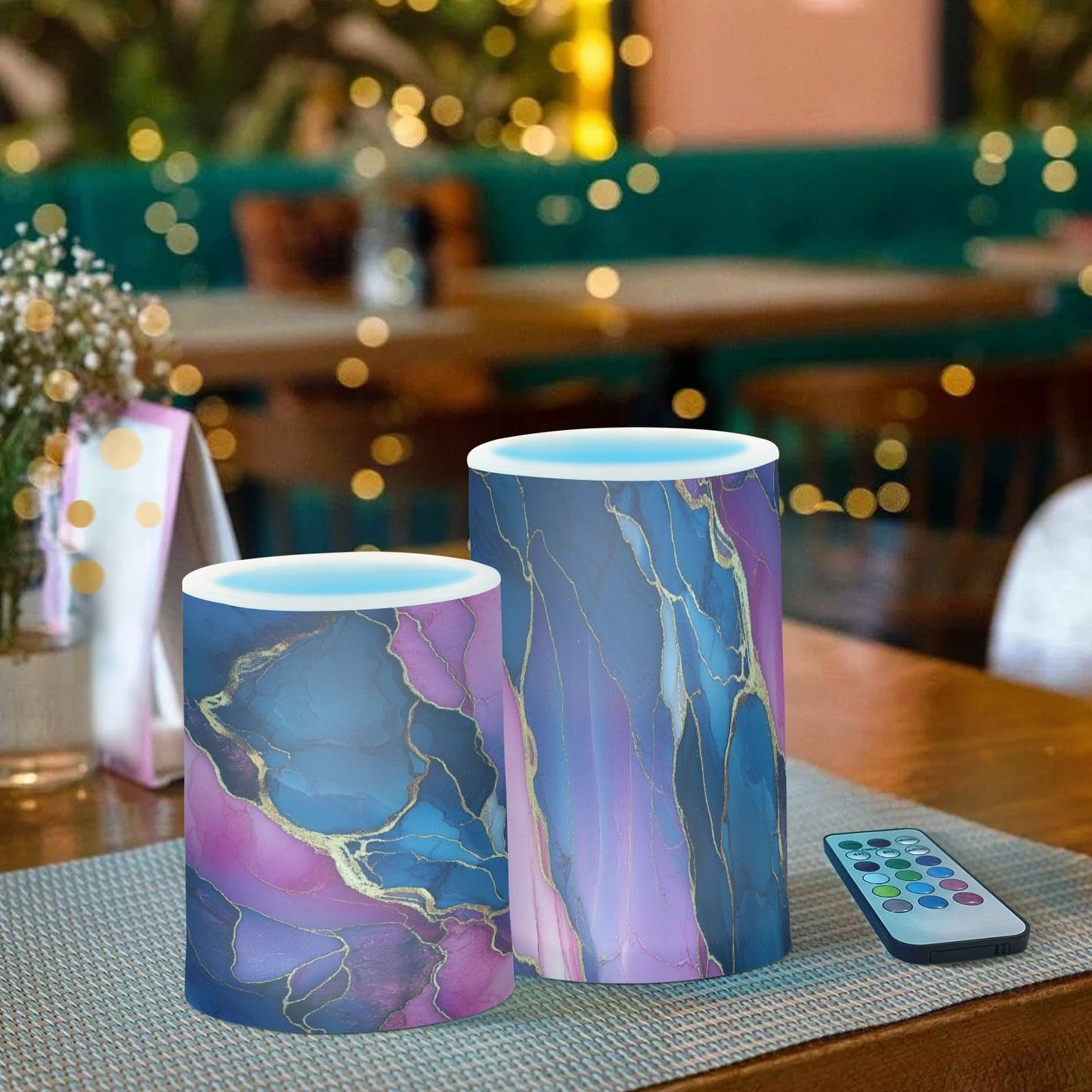 Zathe Flameless Pillar Candles Remote Control Flameless Candle Lantern for Table Marble Navy Blue Hot Pink