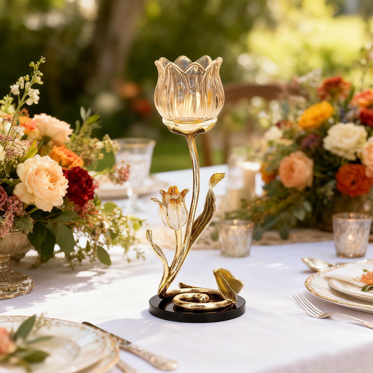 Luxury Crystal Base Glass Flower Candle Holder – Gold Plated Zinc Alloy with Enamel, Romantic Tea Light Holder, French Style Wedding Table Centerpiece, Home Decor