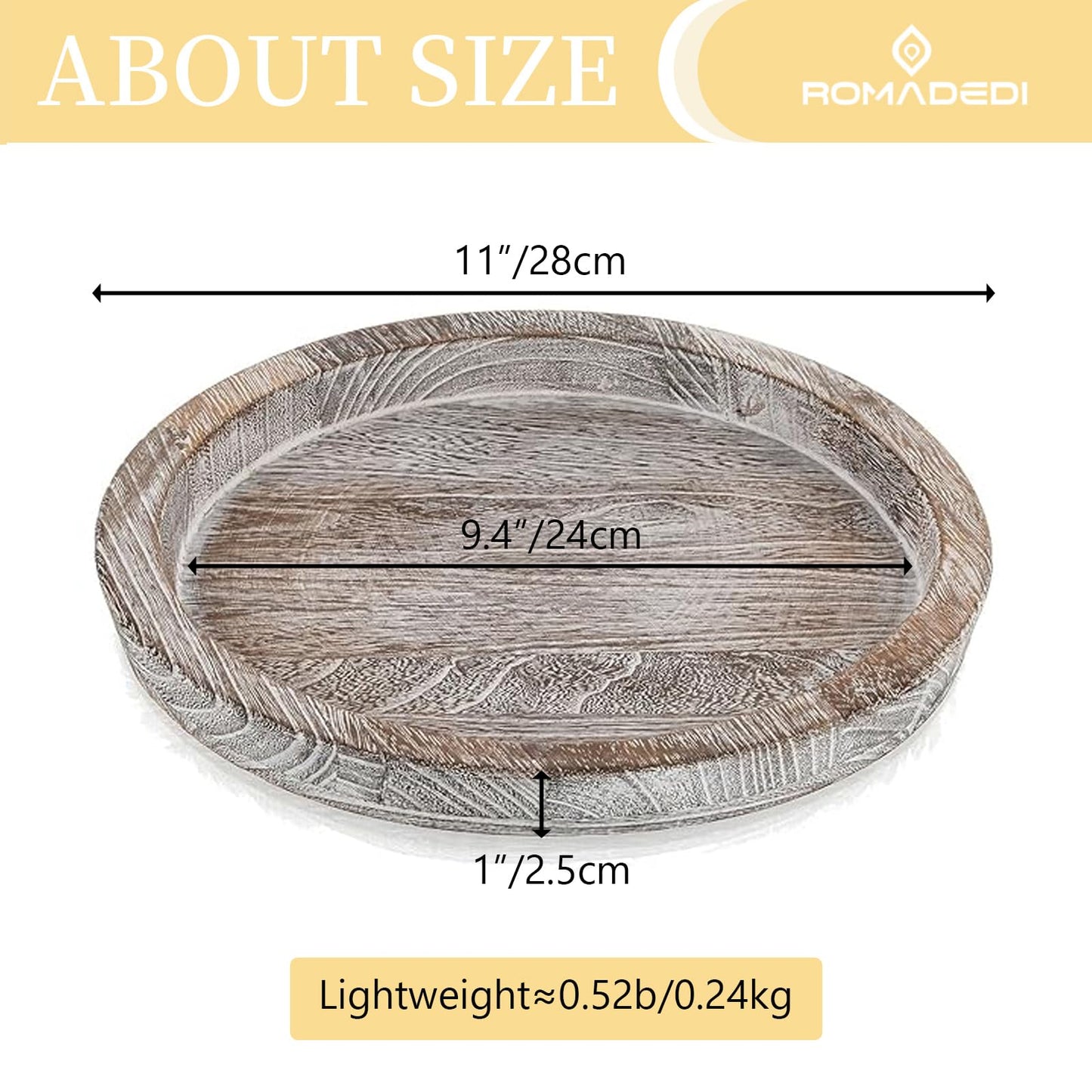Wooden Decorative Tray Candle Holder: Romadedi Round Wood Tray Home Decor, Whitewash Rustic Trays for Farmhouse Dinning Table Kitchen Countertop Coffee Table Wedding Centerpiece, 11inch, Size L