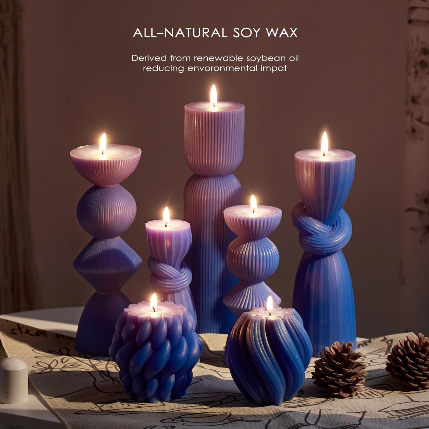 7 Pcs Large Ribbed Pillar Candles - Handmade Soy Wax Candles for Home Decor, Modern Shelf Decor, Housewarming Gift, Aesthetic Room Decor (Blue)