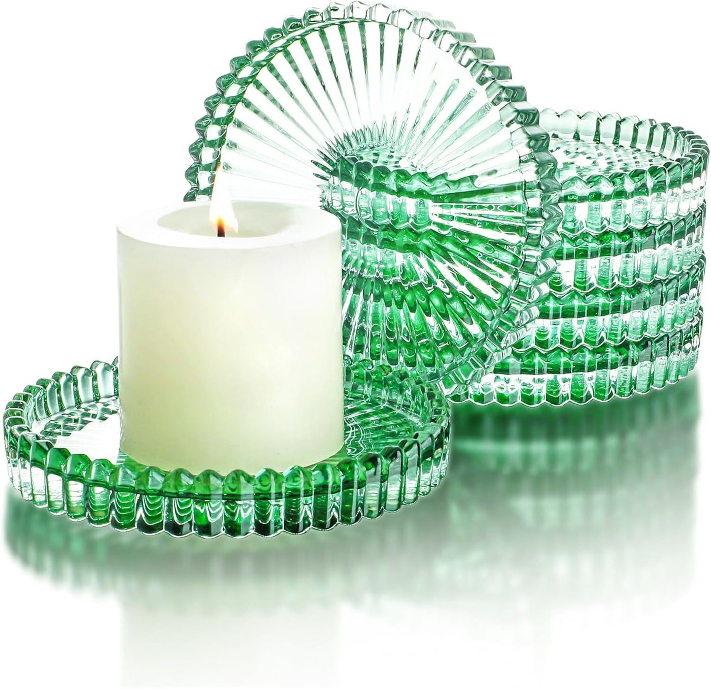 4" Glass Candle Holder,Green Round Crystal Candle Plate,Decorative Glass Pillar Candle Plate,Aromatherapy Candle Pad for Christmas, Birthday, Wedding Table Centerpiece, Set of 6