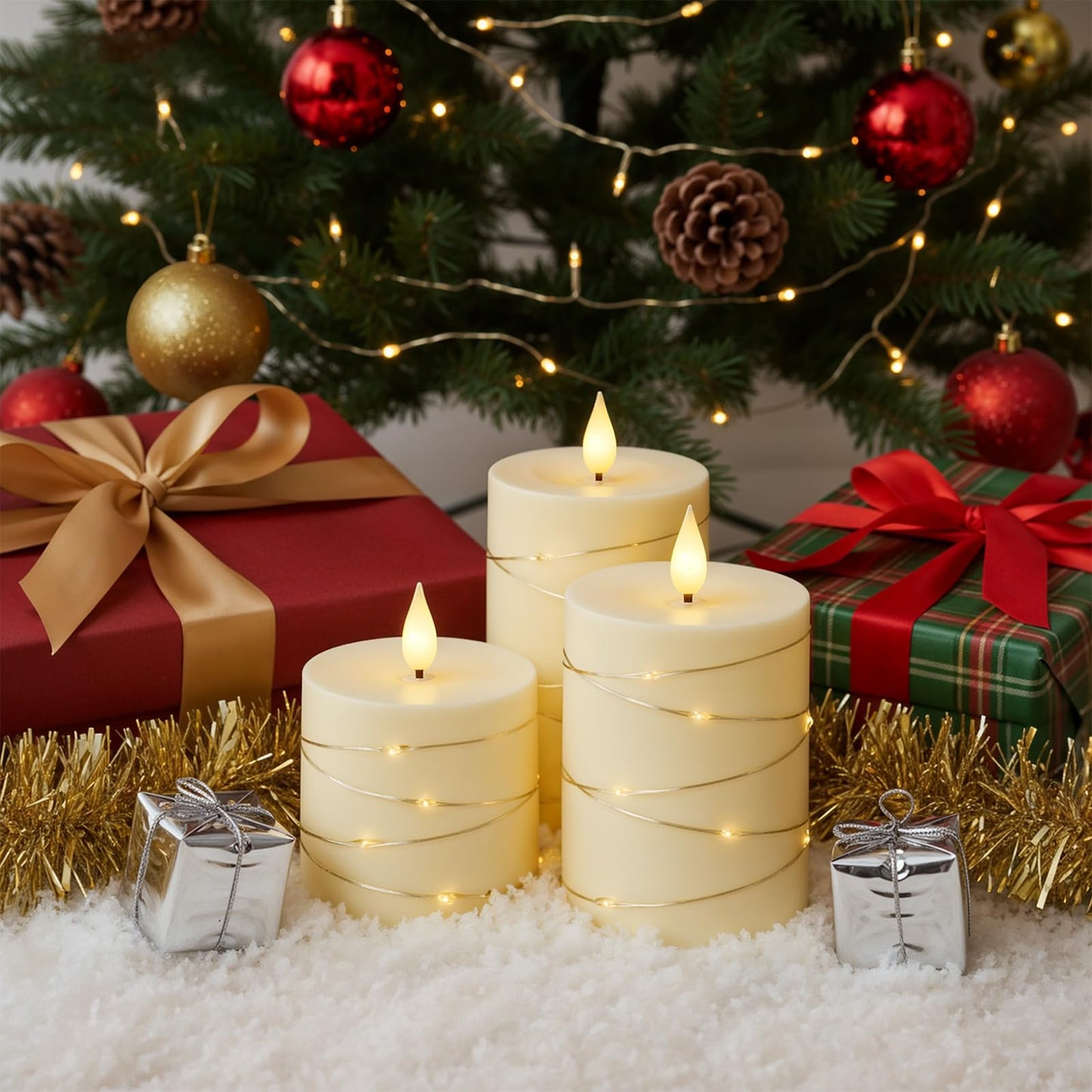Raycare Flameless Candles with Remote Timer, Flickering Battery Operated LED Pillar Fake Candle with String Lights for Home Decor, Christmas, Wedding and Gift, Ivory, Set of 3