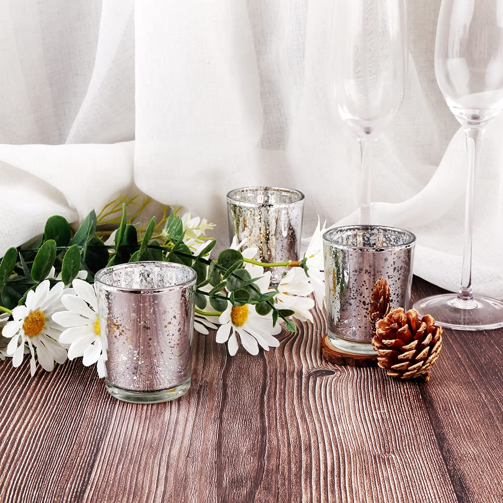 BTGLLAS Silver Mercury Glass Tea Light Holders Set of 36 - Elegant Votive Candle Holders for Weddings, Showers and Home Decor - Perfect for Table Centerpieces and Parties (Glass, Silver)