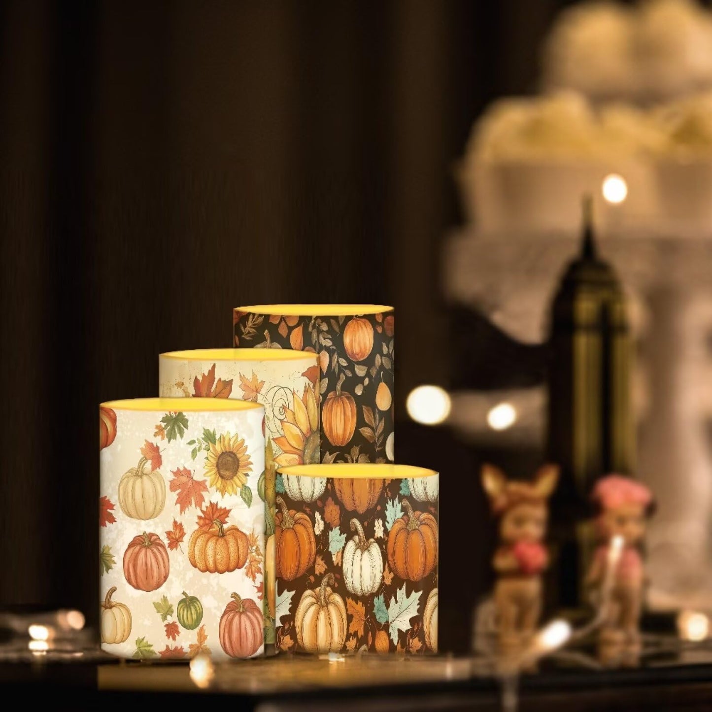 NETILGEN Fall Harvest Pumpkins Print Flameless Electric LED Pillar Candles Lamps with Remote Timer Control Long Lasting for Thanksgiving Day Home Party Set of 4