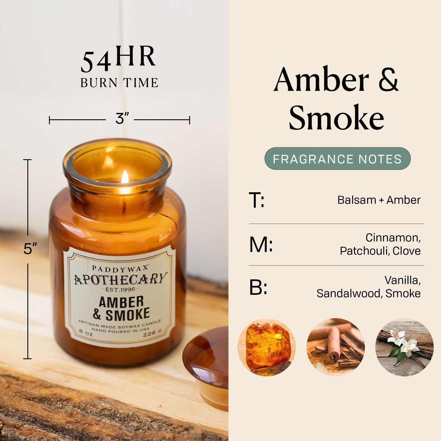 Paddywax Artisan Apothecary Scented Candle with Lid in Reusable Glass Jar, Clean-Burn Soy Candle with Approx. 54 Hour Burn Time, Amber & Smoke, 8 oz.