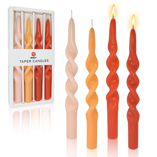 FCMSHAMD Handmade Thanksgiving Spiral Taper Candles - Unscented Long Candles Colored Wax Twisted Candle - 10 Inch Candle Sticks for Wedding Dinner Party Decoration - Set of 4(Gradient Orange)