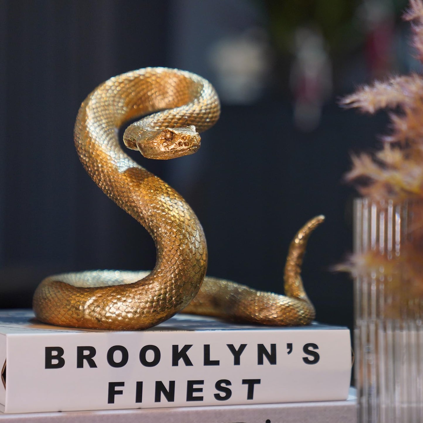 Guichifun Snake Statue Decor Collectible Figurines - Gold Resin Animal Chinese New Year Mascot Home Shelf Office Table Halloween Christmas Decoration 7.25 x 7.25 x 6.5 Inch