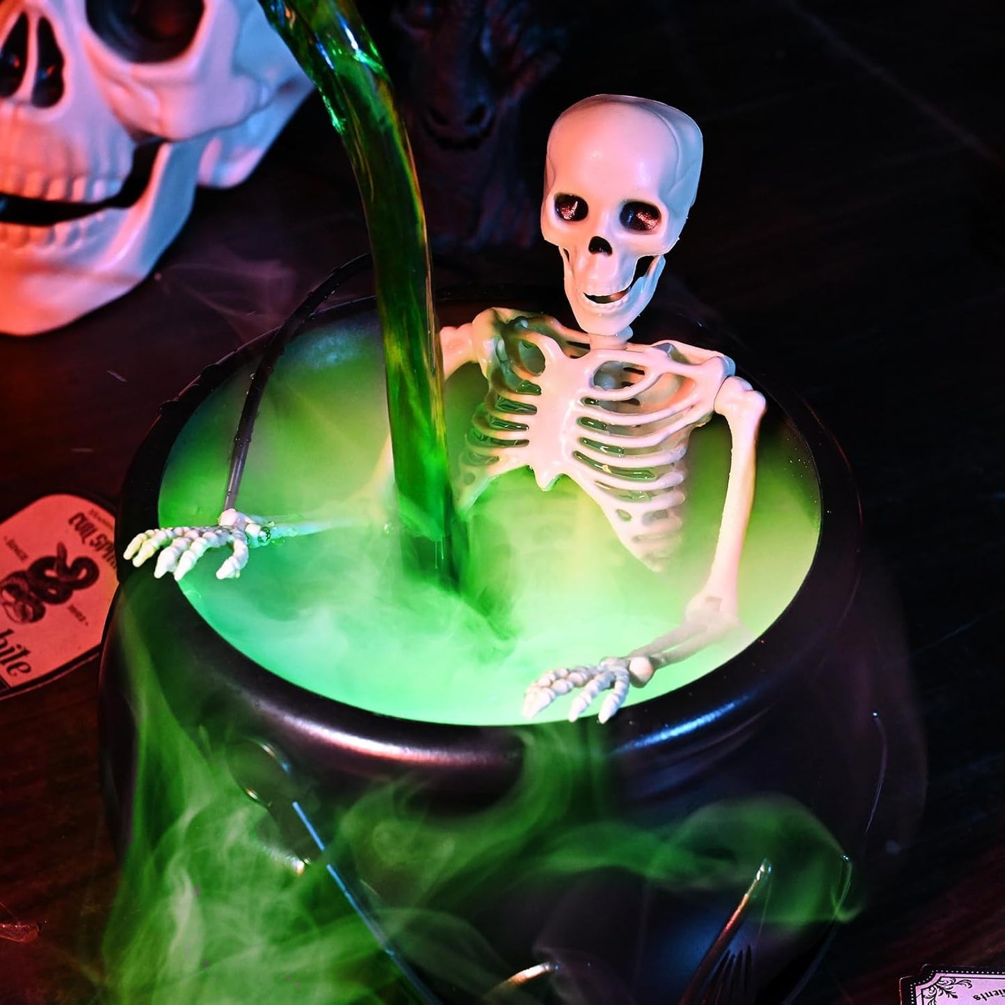 Halloween Decorations Indoor, Cauldron Halloween Decor with Magic Floating Potion Bottles and Diffuser - Black Witches Bowl Hocus Pocus Party Decoration for Spooky Home Kitchen Table (8in/20cm)