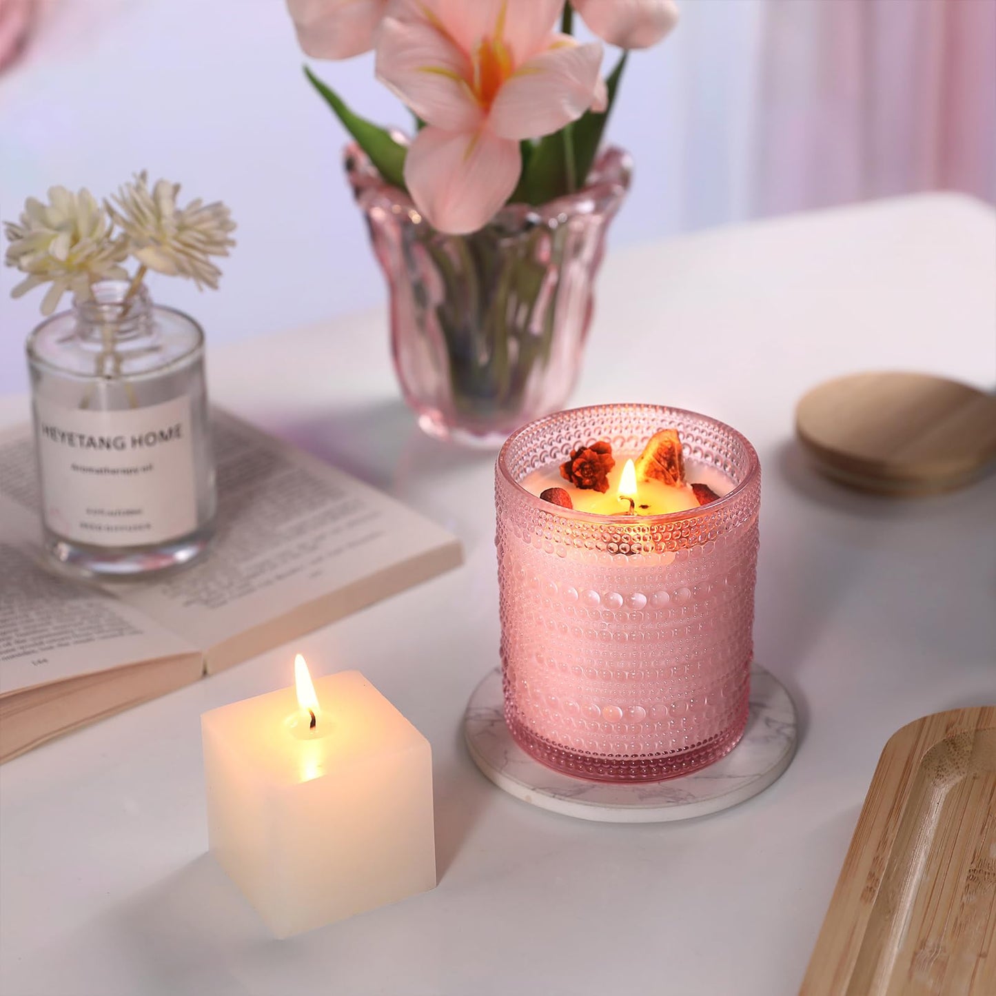 DARJEN 12 Pack Pink Candle Jars for Making Candles- 8 OZ Empty Glass Candle Making Jars with Bamboo Lids and Labels, Candle Containers Candle Making Jars for DIY Gifts