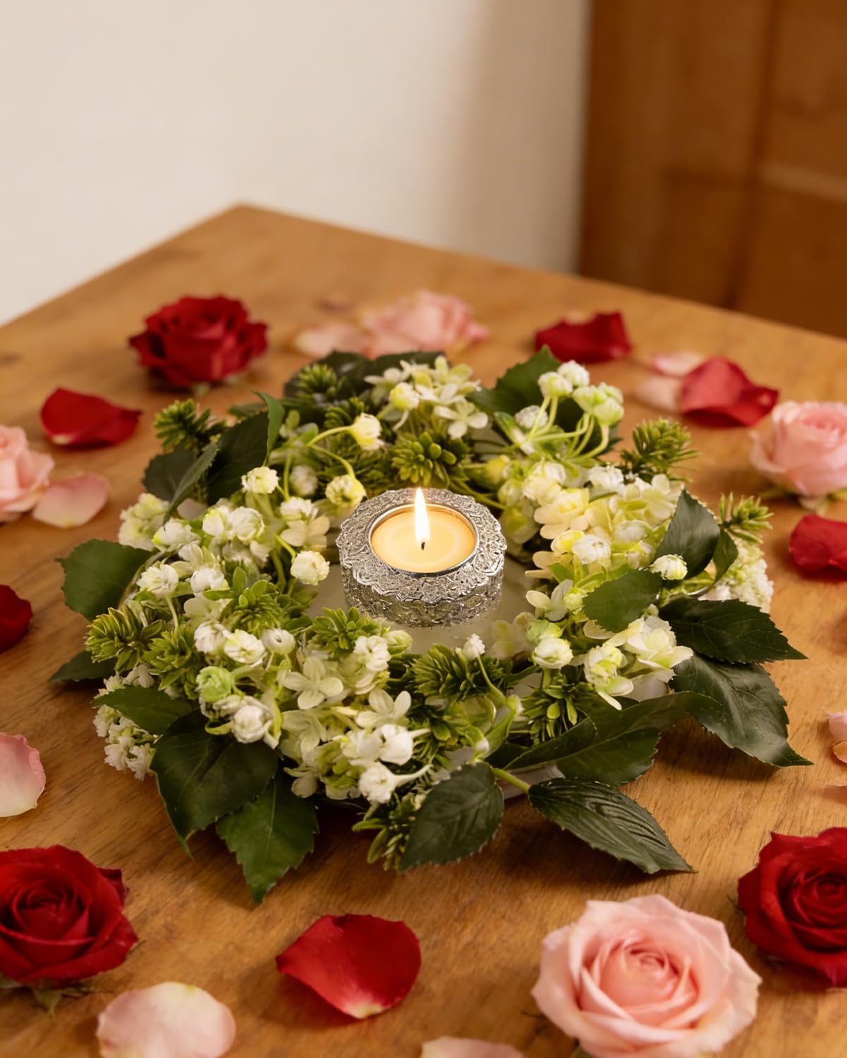 4 Pack Candle Rings Artificial Mini Greenery Wreaths for Candles 3 Inch Center Eucalyptus Floral Wreath for Wedding Centerpieces Party Home Table Window Decor White Green