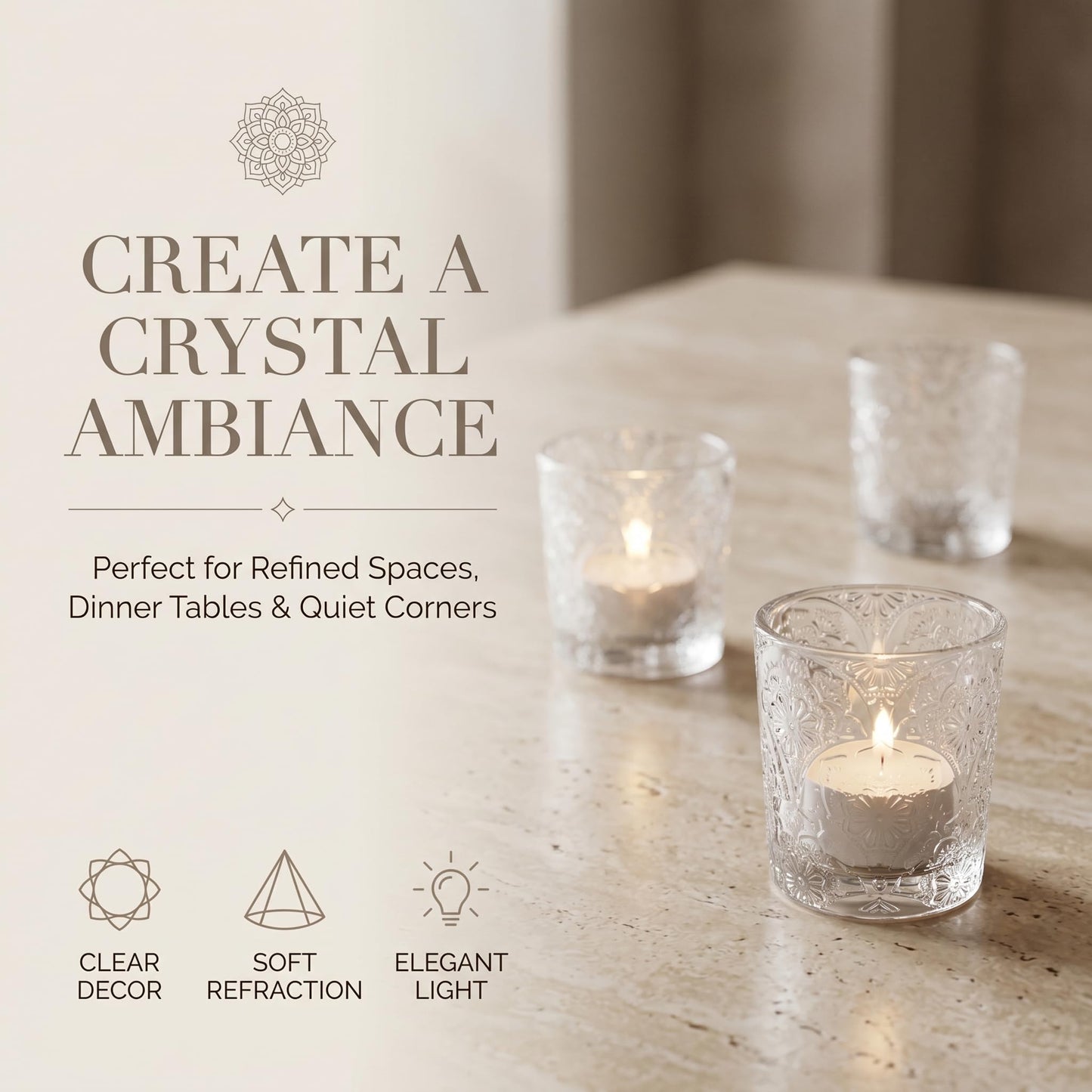 6 Pack Mandala Embossed Glass Candle Holders – Votive Tealight Holders with Patent Design, Decorative Embossed Glass Cups for Wedding Centerpieces, Parties, and Home Décor (Crystal Clear)