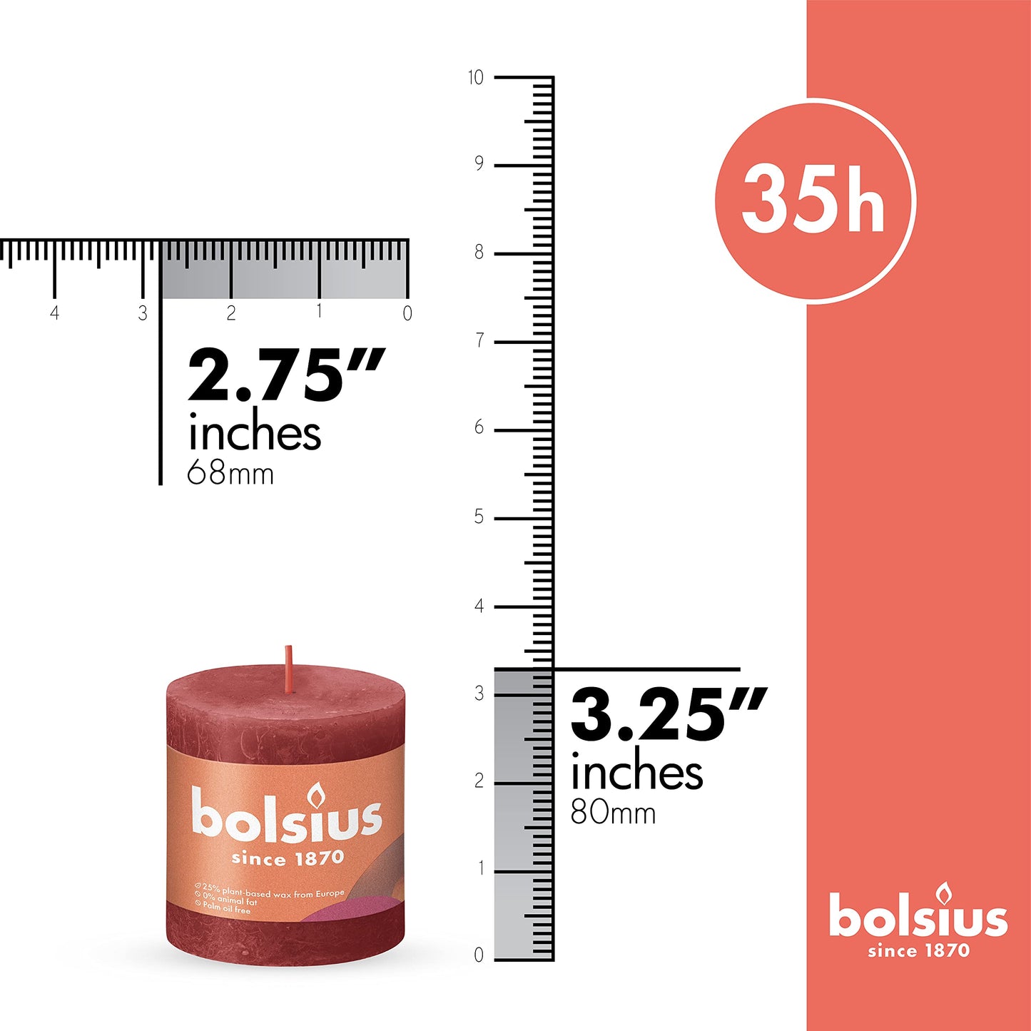 BOLSIUS 4 Pack Delicate Red Rustic Pillar Candles - 2.75 X 3.25 Inches - Premium European Quality - Includes Natural Plant-Based Wax - Unscented Dripless Smokeless 35 Hour Party Décor Candles