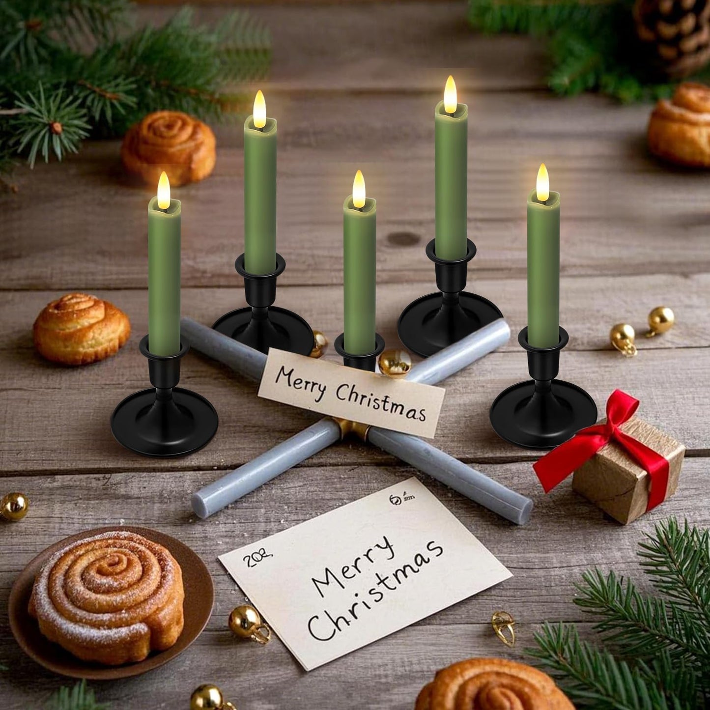 KSWING Upgraded Real Wax Short LED Flameless Green Taper Candles with Remote, 6 PCS Candlesticks Battery Operated - 6" Realistic Fake Candle Sticks for Home/Wedding/Fireplace Xmas Decor