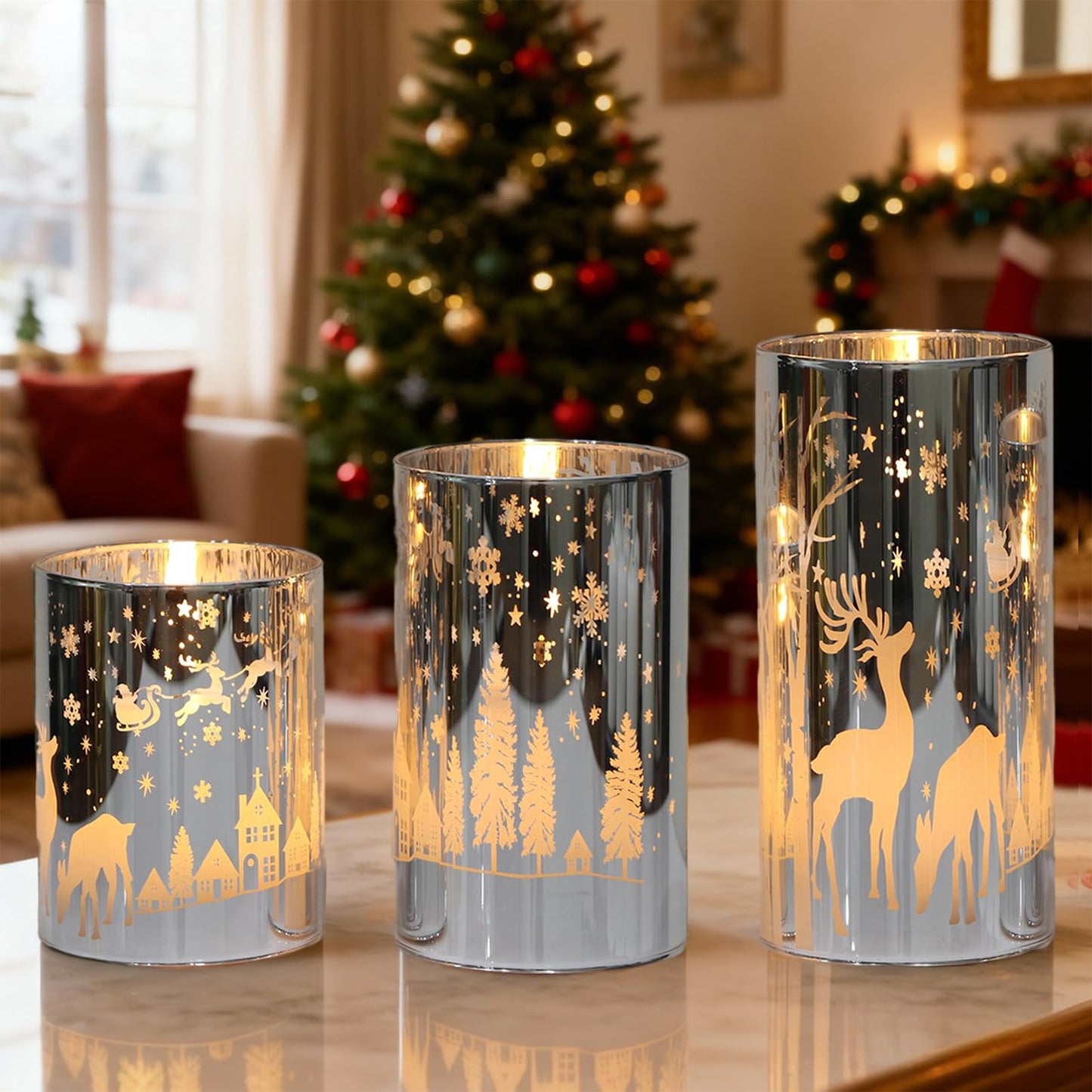 DRomance Christmas Flameless Candles Battery Operated with 10-Key Remote and Timer 3D Wick Flickering Electroplating Glass Reindeer LED Candles Indoor Holiday Decorations(Silver, 3" D x 4", 5", 6" H)
