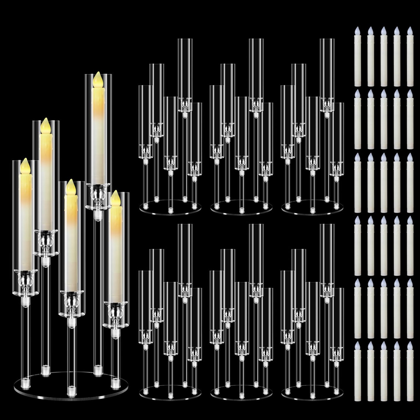6 Set 5 Arm Acrylic Candle Holder with Candles, Mjkeomo 22.8'' Tall Table Candelabra Centerpiece, Lightweight Candelabra with Lampshades for Fireplace Mantel, Wedding, Housewarming Gift