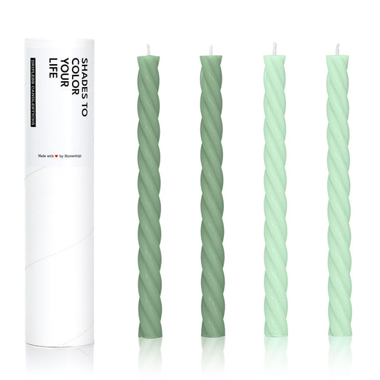 Homeology 10" Candle Sticks, Twisted Taper Candles, Two Green Shades, 4-Pack, Unscented