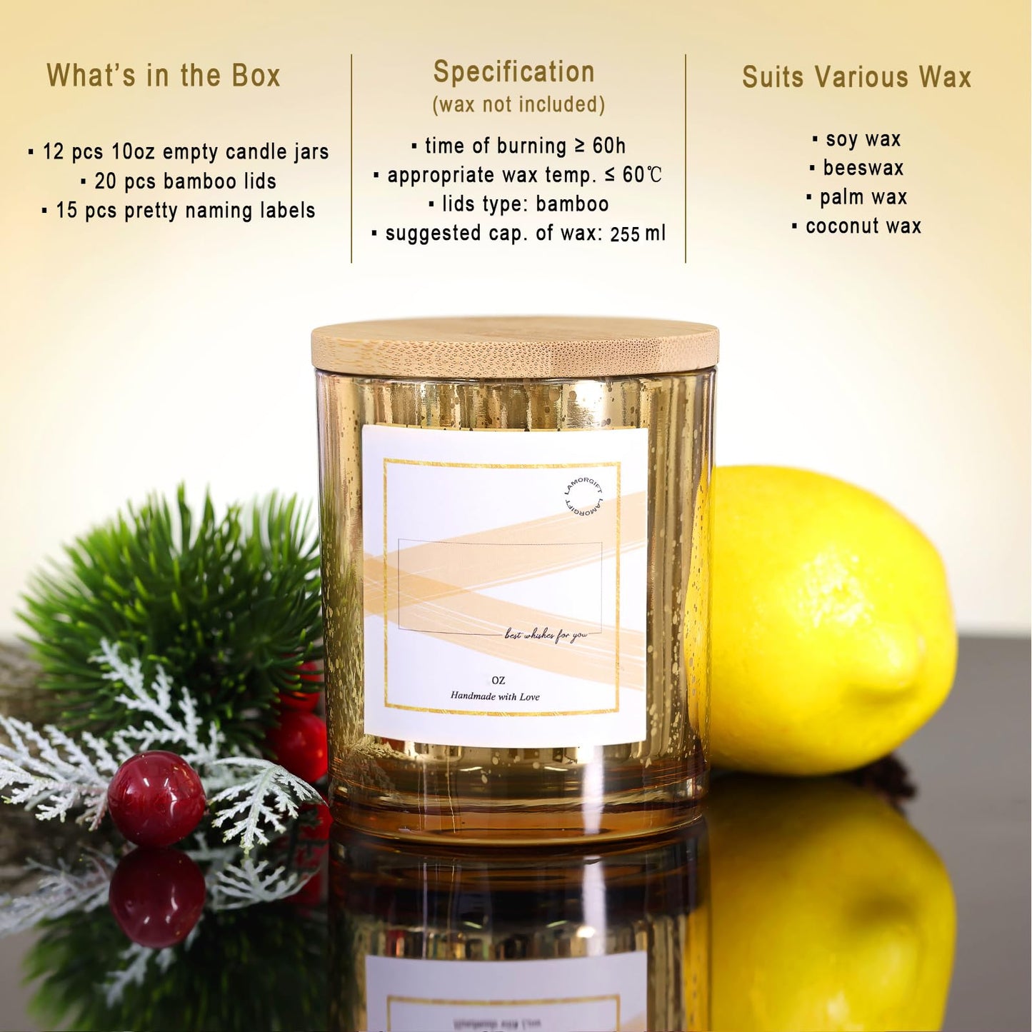 LAMORGIFT 12 Pack Gold Mercury Glass Candle Jars (10oz) with Lids - Candle Makes Accessory Set Including 15 Labels