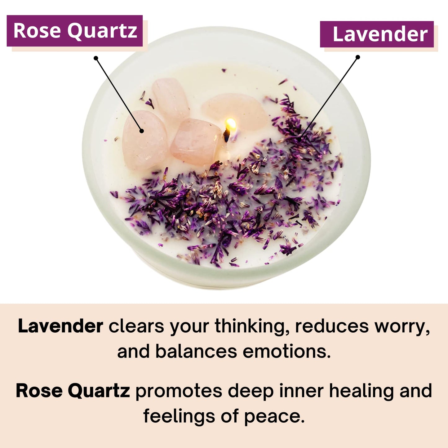 Crystal Vibe Healing Crystal Candle with Rose Quartz Crystals and Lavender Petals - Natural Soy Wax Lavender Scented Candle for Aromatherapy Meditation - Birthday Gifts for Women Girlfriend