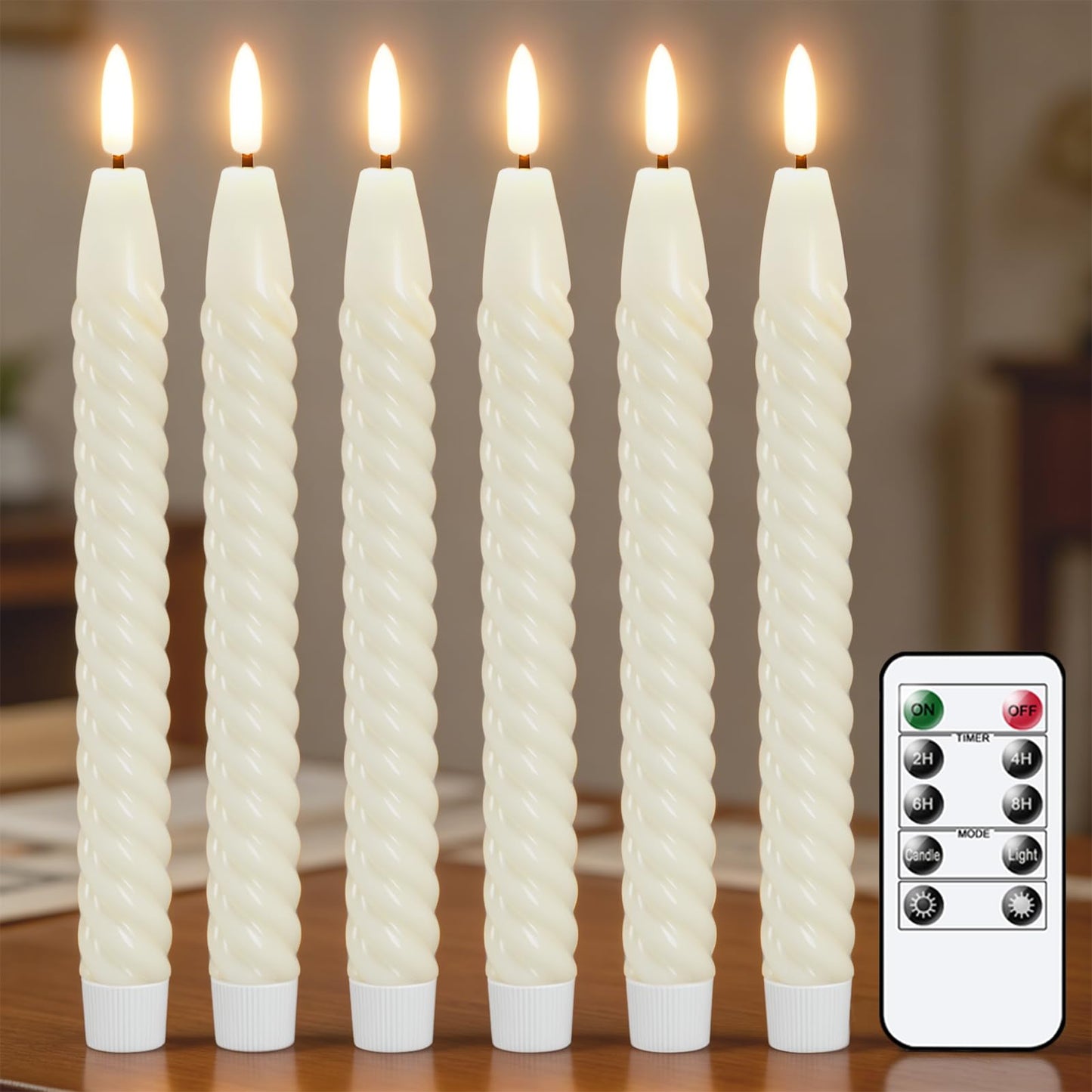 Lasumora Flameless Taper Candles Real Wax Flickering with Remote Timer, Pastel Ivory 3D Wick LED Spiral Candles Battery Operated 6 Pack 9.8 inch, Wedding Birthday Home Party Holiday Dinner Decor