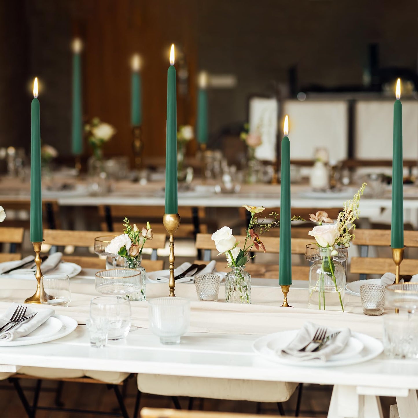 12 Pack 10 inch Hunter-Green Taper Candle Set for Holiday Dinner Party, Unscented Long Candlesticks, Dripless and Smokeless, 7-8 Hours Burn