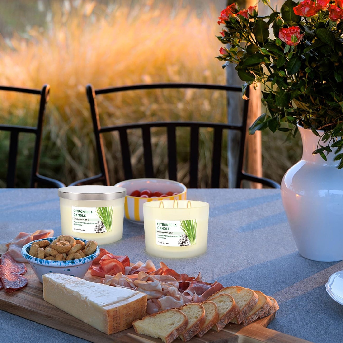 Citronella Candle Set of 2, 14oz Frosted Jar Triple-Wick, Clean & Smokeless for Outdoor Patio, Garden, Deck, Porch Ambiance with Natural Citronella Scent