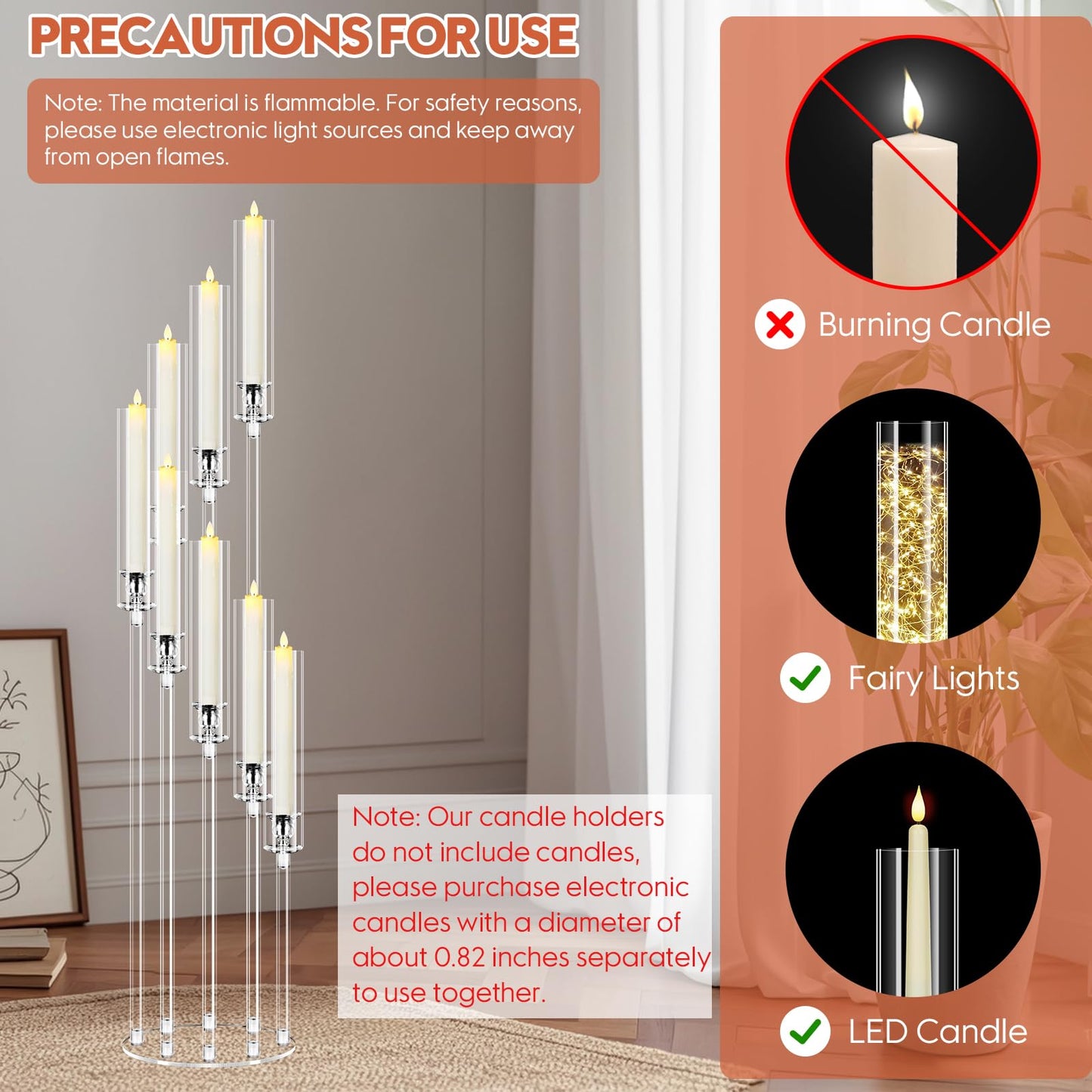 4 Set 8 Arm Acrylic Candle Holder, Mjkeomo 49.2'' Tall Candelabra Centerpieces for Tables Clear Candlesticks Holder for Housewarming Gift Fireplace Halloween Christmas Decor Fit 0.82'' LED Candle
