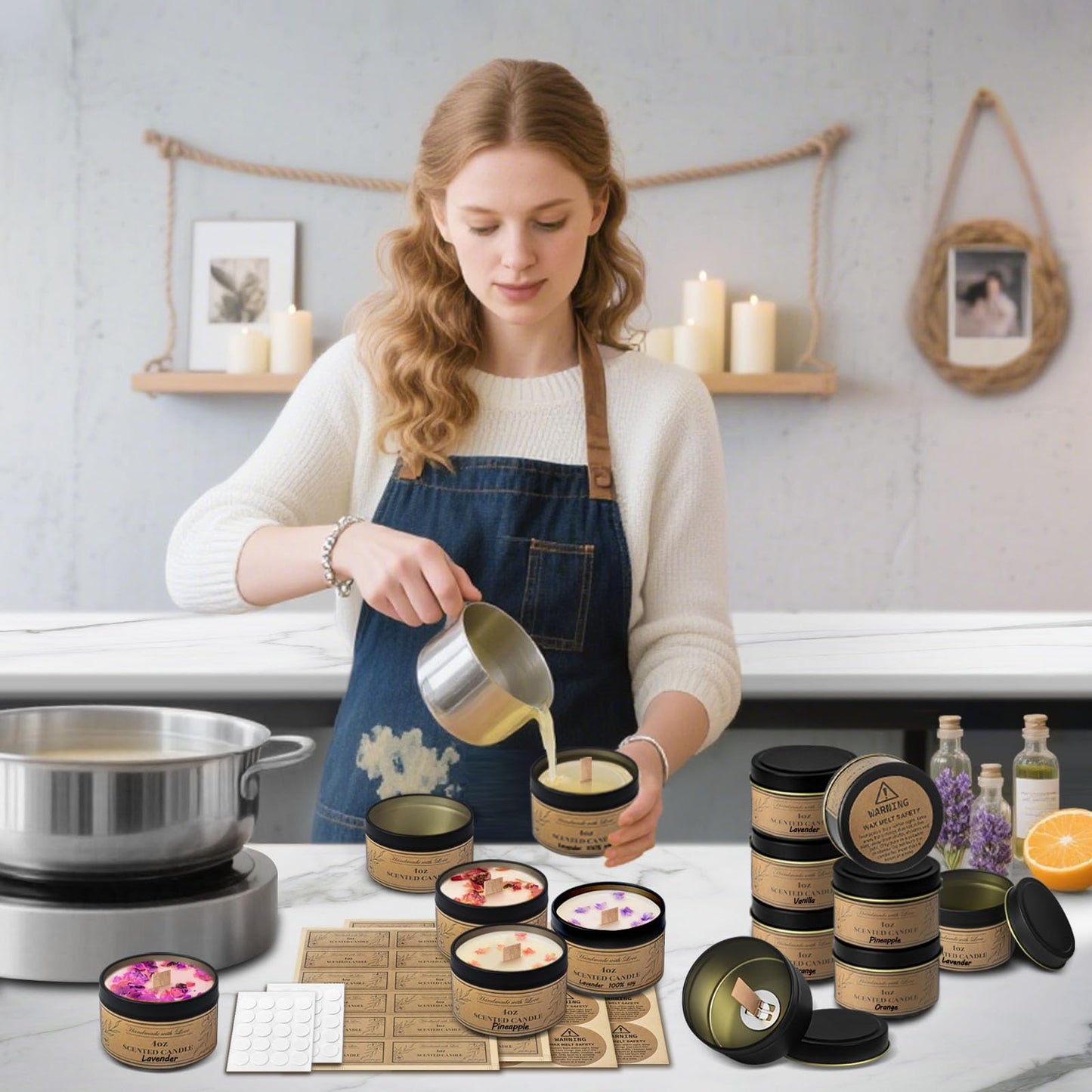 CollectHall 4oz Candle Tins with Lids, 24 Set DIY Candle Making Kit Includes Bulk Tins, Wood Wicks, Stickers, Wick Holders & Warning Labels for Small Business